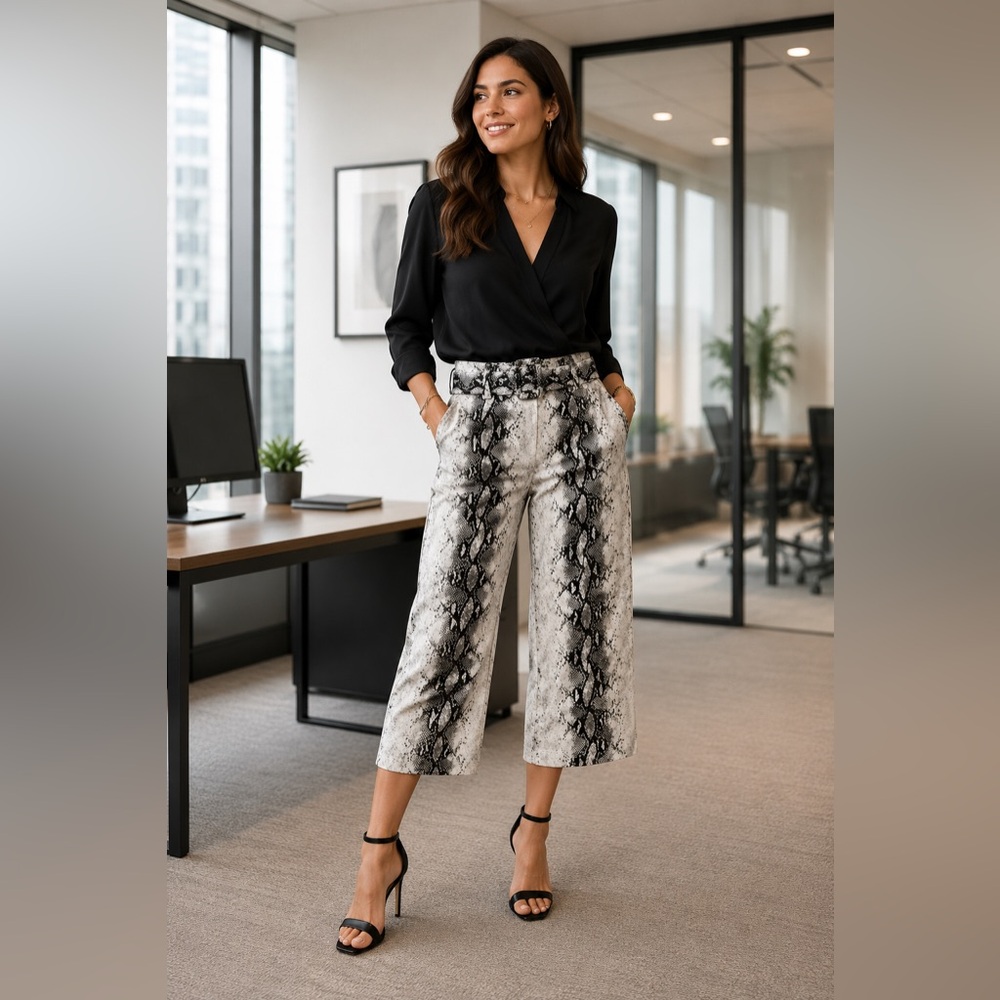 Gianni Bini Black & White Snake Print Wide Leg Crop Pants